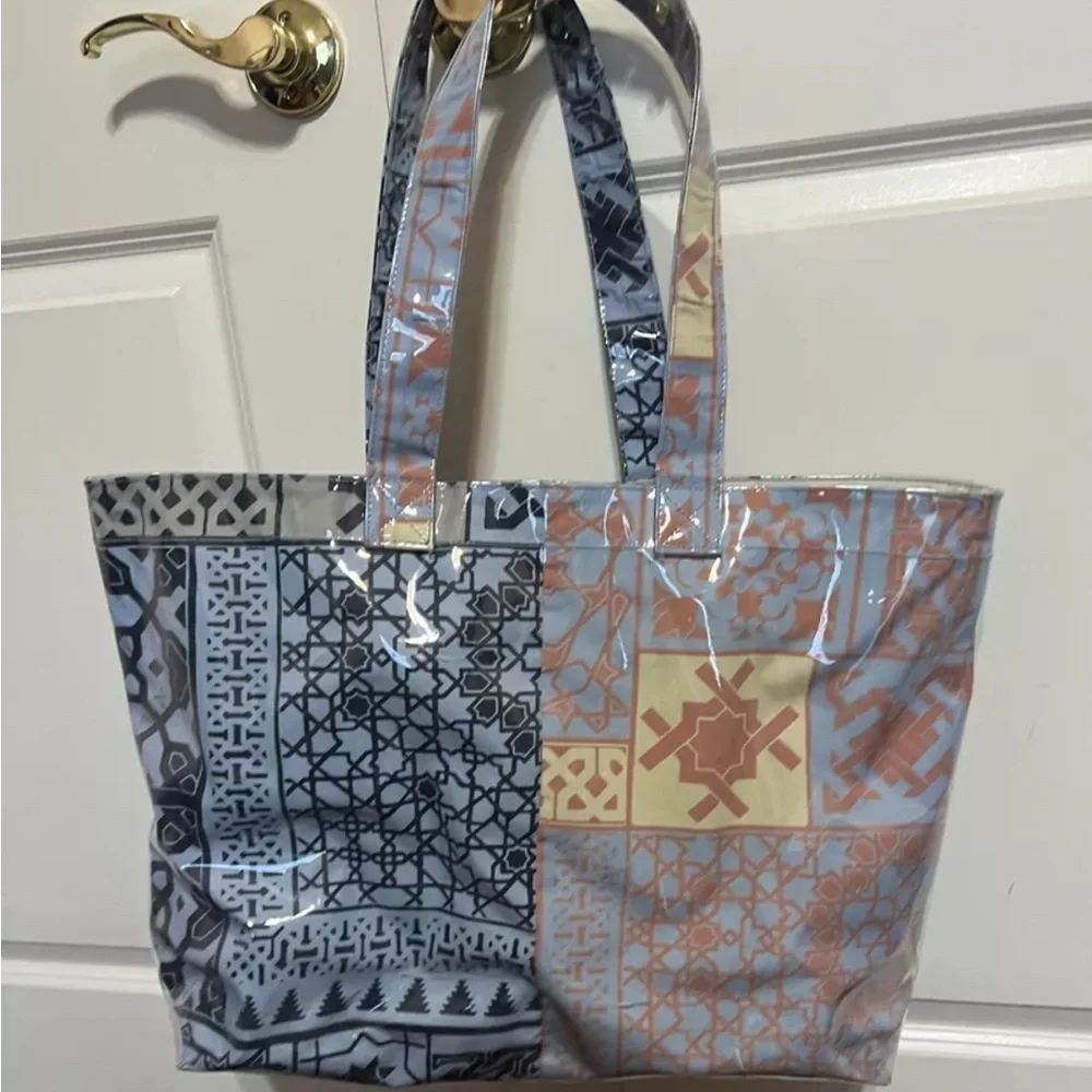Obey Shepard Fairey Tribal Tote Bag in blue, yellow, and orange